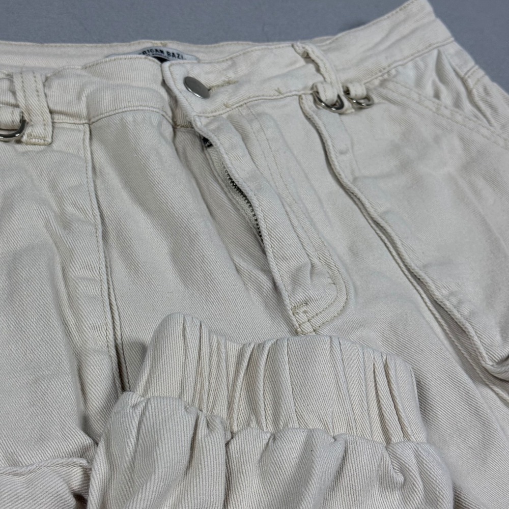 American Bazi Cream Cargo Jogger Pants High Rise Multi Pocket Utility Denim